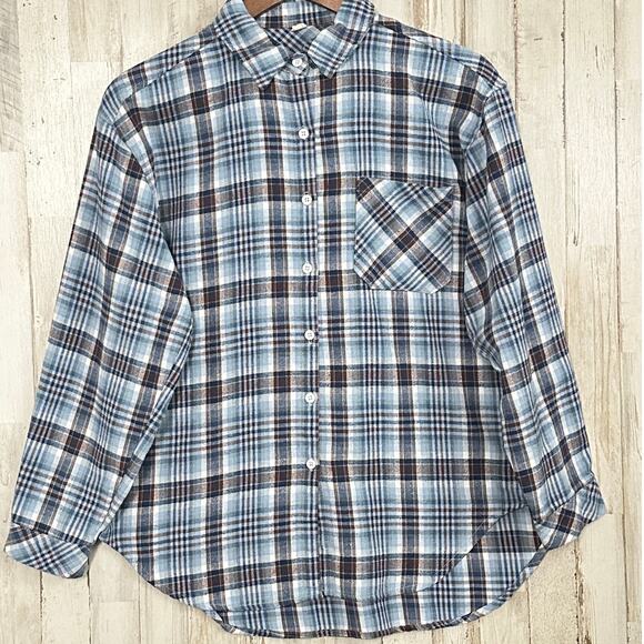 Womens Flannel Plaid Shirt Large Blue Brown Cotton Western Cowgirl Farmcore EUC - Picture 2 of 6
